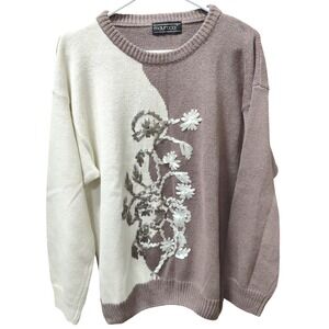 Maurada Color Block Knit Sweater‎ Ribbon Floral Applique Crew Neck Pullover